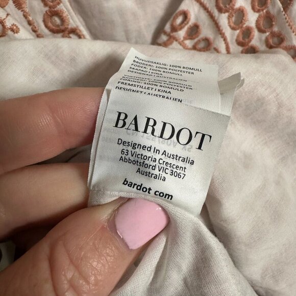 Bardot Eliza Eyelet Ruffle Mini Dress Size 6 White Pink Preppy Brunch Cotton NWT - Picture 12 of 13